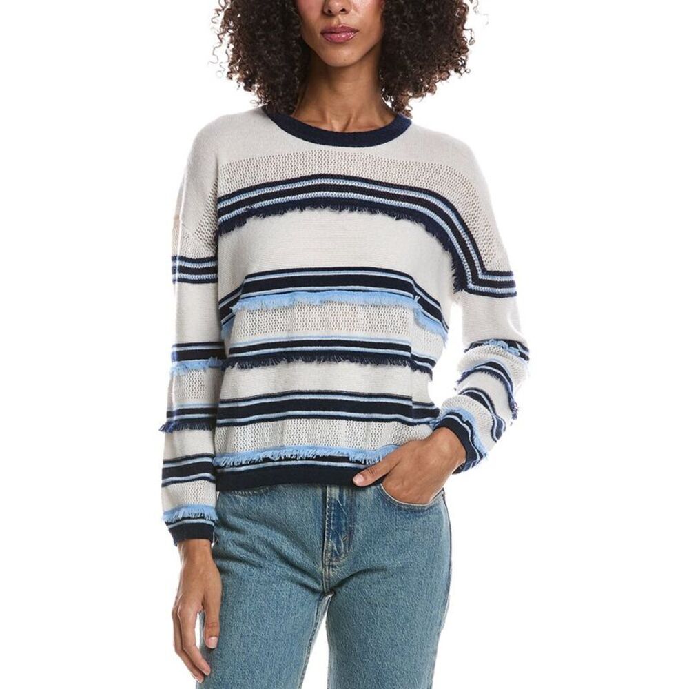 Brodie Cashmere Womens Funky Stripe Crewneck 100% Cashmere Sweater, White